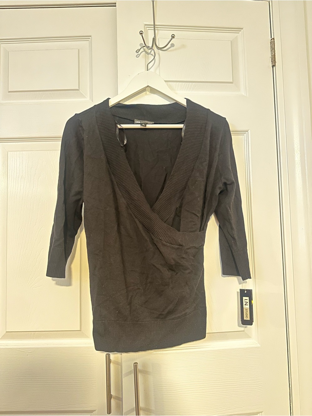 I.N. Studio Black Ribbed-Neck Top